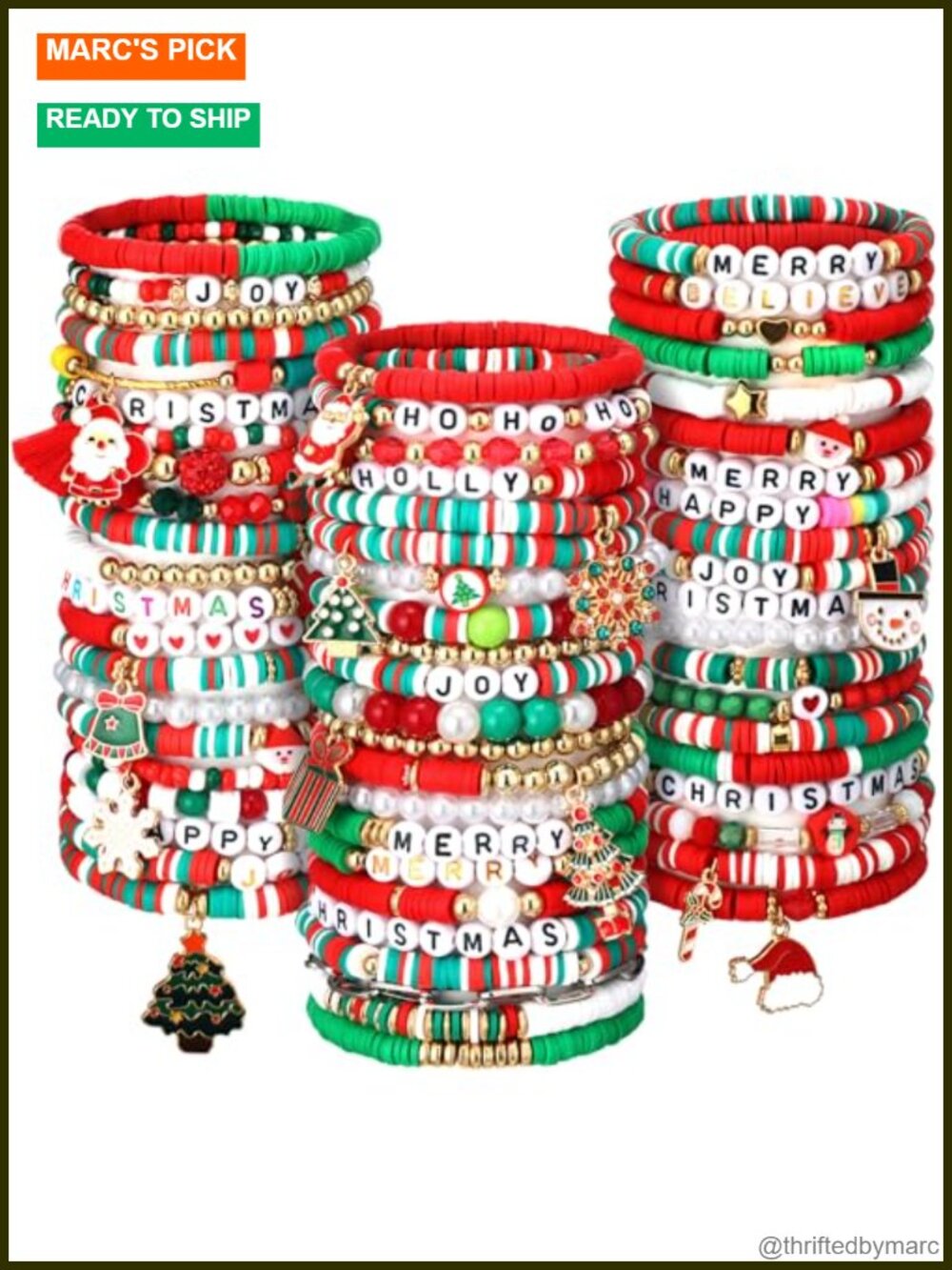 64 Pc Christmas Beaded Bracelets Polymer Clay Stretch Stackable Set